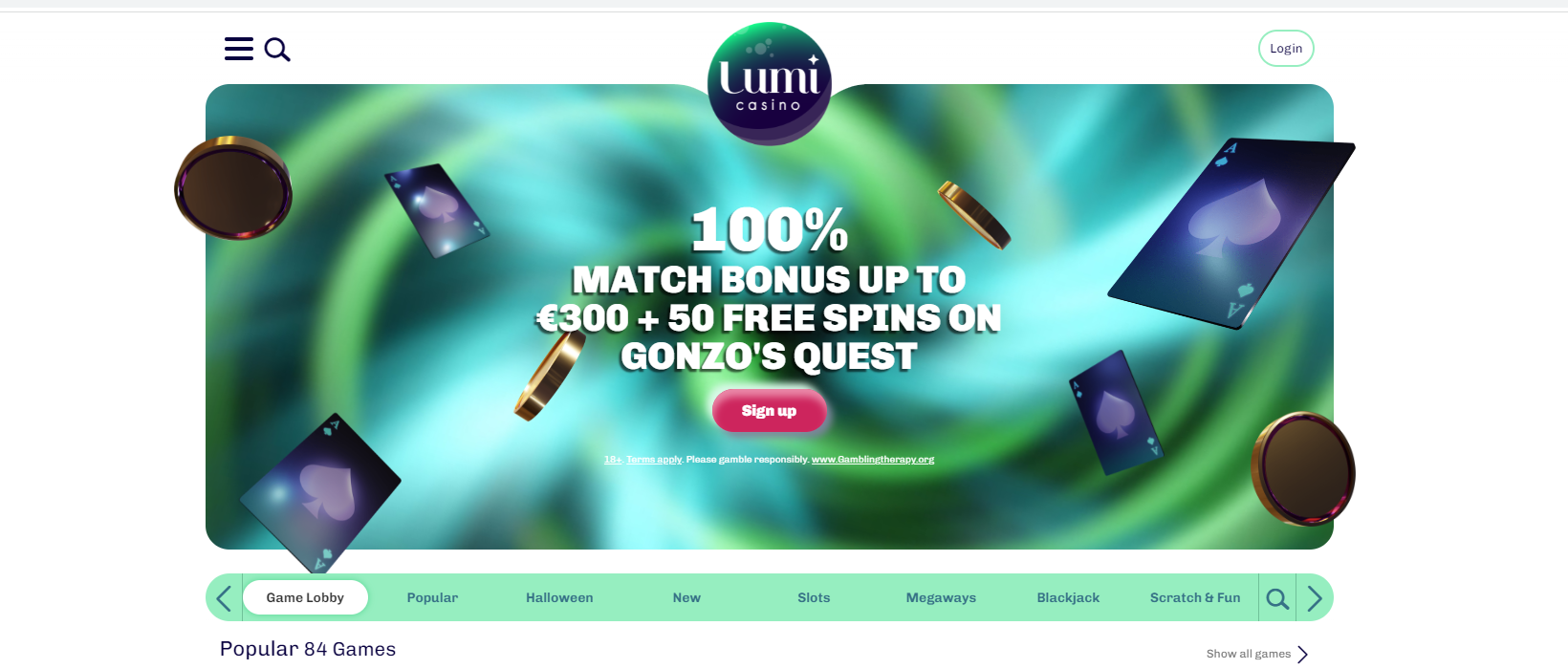 Startsida för Lumi Casino.